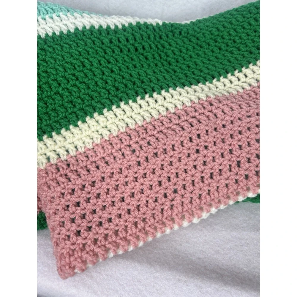 VTG Handmade 70's Crochet Afghan Blanket Green Pink Cream Blue 62x42 Fringe